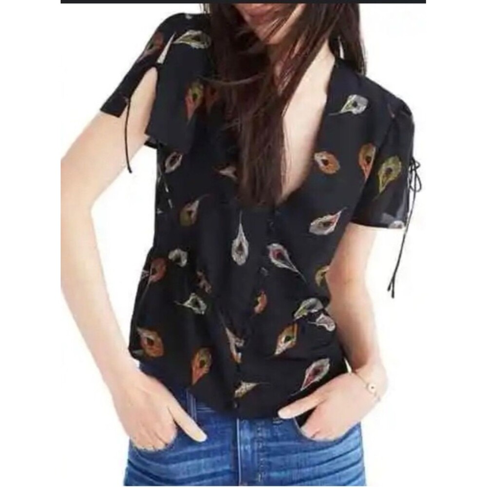 Madewell 100% silk button front blouse sz 8 button front artsy boho short sleeve